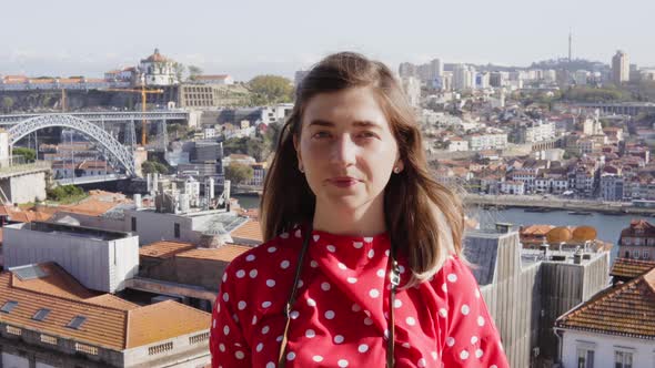 Woman Tourist Portrait and Panoramic View on Old City on Background alt