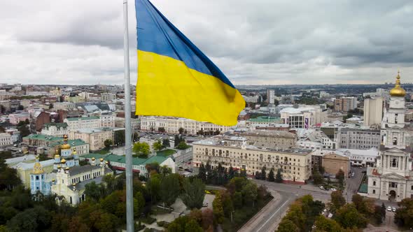 Flag of Ukraine, Kharkiv city center autumn aerial