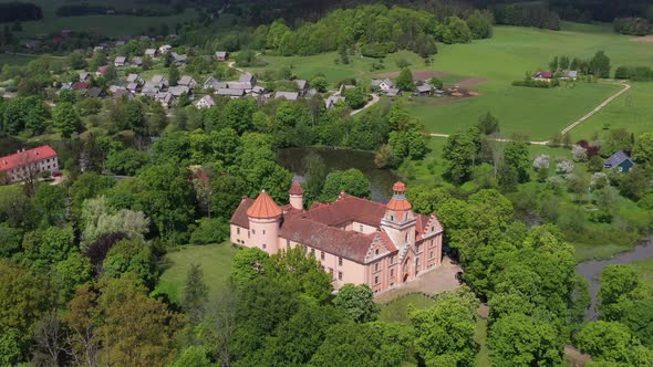 Aerial Drone footage of scenic Edole Castle in Ēdole parish, Latvia