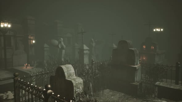 Very Old Misty and Creepy Graveyard in Fog at Night