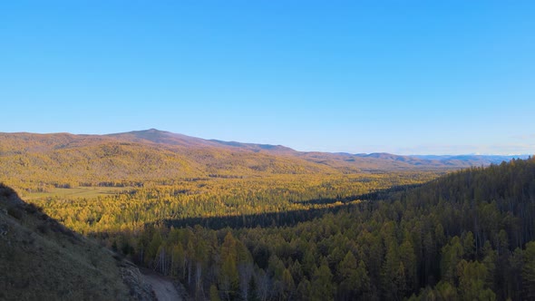 flight on a drone over mountains covered with forest. autumn. blue sky