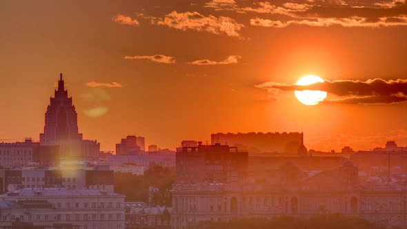 Panorama with Stalin Skyscraper During Sunset Timelapse in Moscow Russia alt