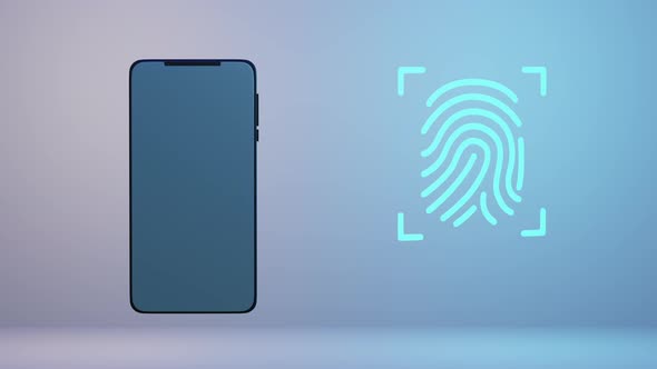 Concept of digital security, protection of smartphone using fingerprint scanner. 3D animation.