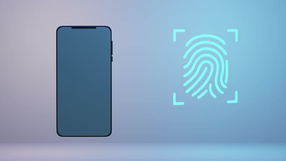 Concept of digital security, protection of smartphone using fingerprint scanner. 3D animation. alt
