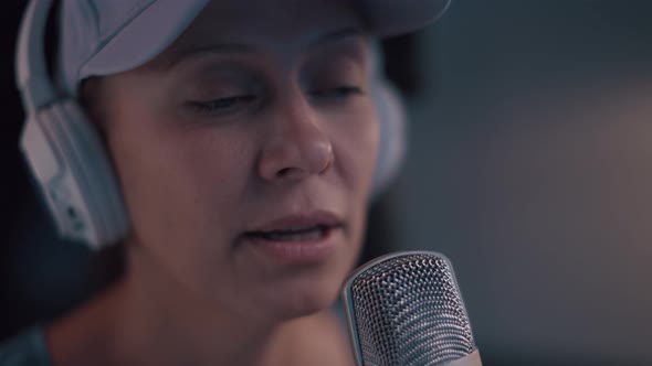 Beautiful Woman In A Cap And White Headphones Leads A Live Stream alt