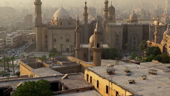 Tilt Shot of Mosque of Sultan Hassan Cairo Egypt at Sunset alt
