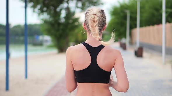 Fitness Woman Runner. Exercising Runner Cardio Jogging. Fit Athlete Jogger Workout At Sunrise. alt