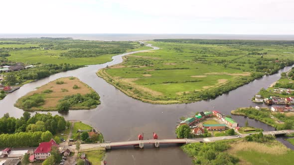 Aerial view of the old bridge in Polessk town, Kaliningrad region, Russia alt