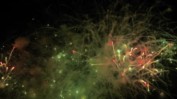 Colorful Bright Fireworks in Dark Sky at Night  Holiday Concept  Slow Motion