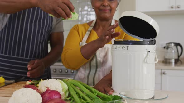 African american senior couple putting chopped vegetables in a tiffin box in the kitchen at home alt