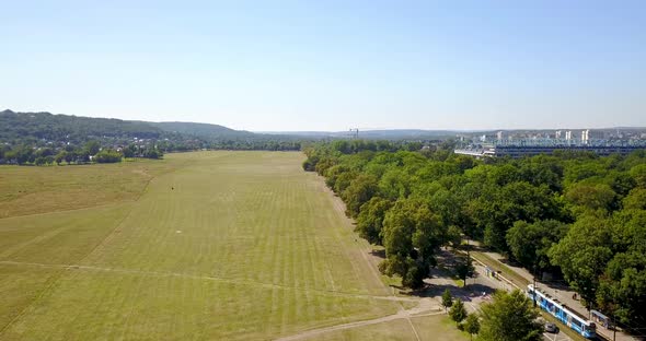 Aerial View of Blonia Park near The Historic Centre of The City of Kraków, Poland.