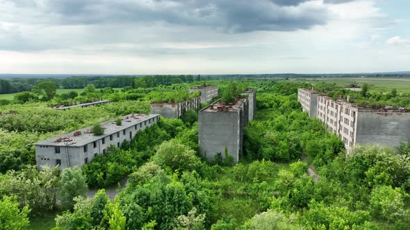 Aerial view of an abandoned housing estate in the village of Sarmellek in Hungary