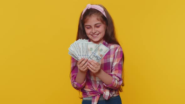 Money Cash Dollar Rain Falling on Child Girl Kid Celebrating Success Winning Lottery Jackpot Luck alt