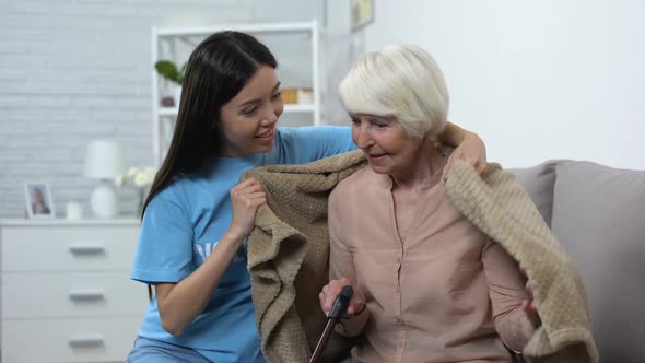 Friendly Volunteer Covering Disabled Aged Woman With Blanket, Help Nursing Home alt