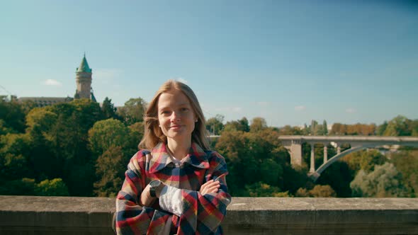 Portrait of Young European Woman Posing in Luxembourg City Neat Landmark Bridge