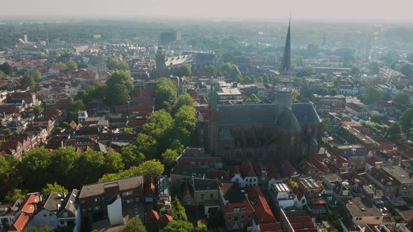 Gouwekerk, Sint-Jozefkerk Gothic Revival Cruciform Church In Gouda City, Netherlands. - aerial alt