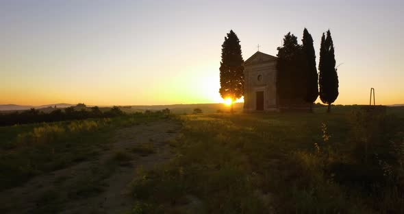 Aerial View of Abandoned Church in Tuscany During Sunset