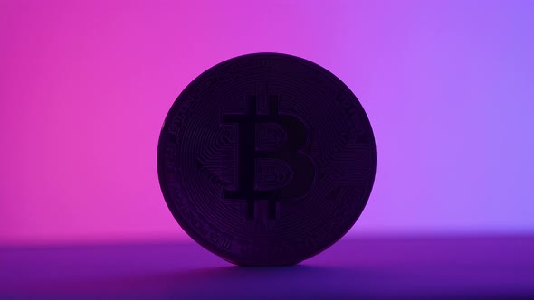 Bitcoin in Shadow and light. Cryptocurrency bitcoin and Pink Blue color light mood tone.