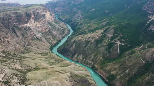 Aerial view on the Sulak river in Sulak canyon at the mountains Dagestan