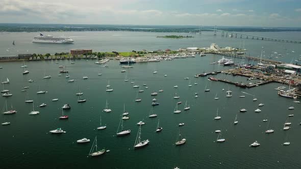 Aerial View of Goat Island Marina Yachts and Claiborne Pell Suspension Bridge in Newport
