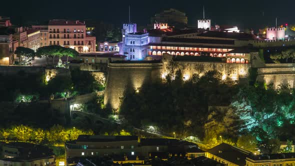 Prince's Palace of Monaco Illuminated By Night Aerial Timelapse From Top alt