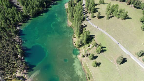 Aerial View Mountain Valley with Alpine Palpuogna Lake in Albulapass Swiss Alps alt