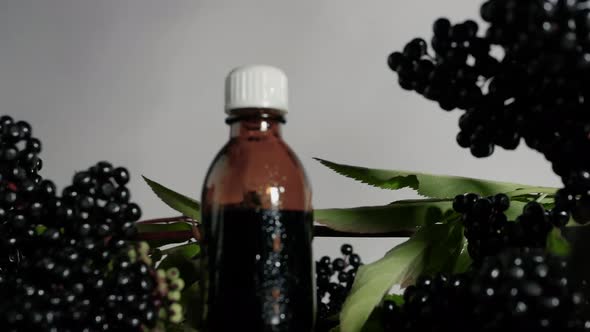 Camera Focus On Elderberry Medicine Jar, Close Up Of Elderberry Medicine. Black Berry alt