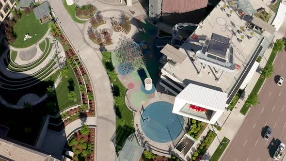 Slowly rising aerial shot over Jack's Urban Meeting Place in Boise, Idago. alt