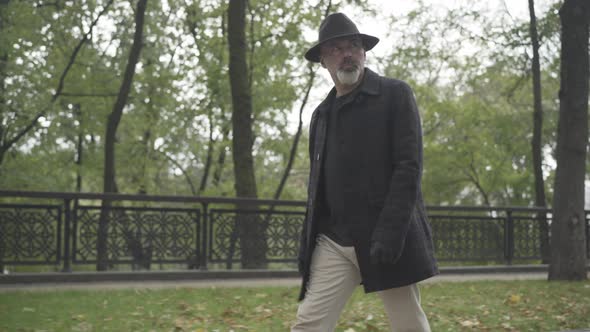 Side View of Serious Confident Intelligence Agent Walking in Autumn or Spring Park and Looking alt