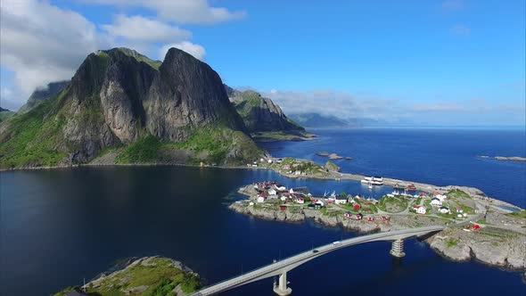 Bridge to village Hamnoya on Lofoten islands, Norway alt