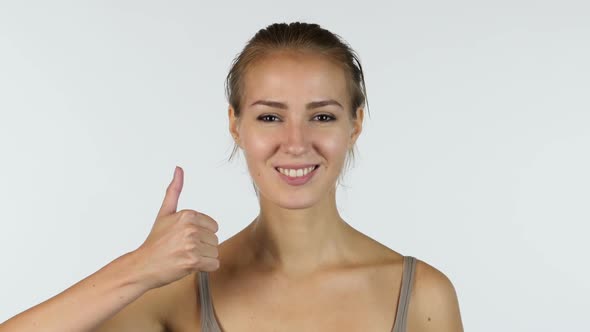 Thumbs Up, Portrait of Successful Beautiful Girl, White Background alt
