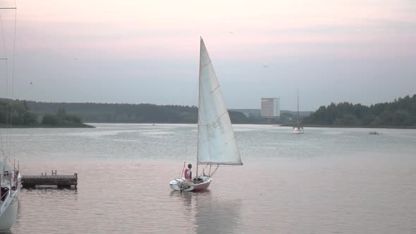 AUG 19 2017 Minsk Belarus The Yacht Sails on the Open Sea on a Windy Day alt