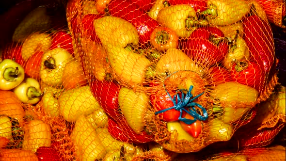 Sacks of bell pepper close-up.