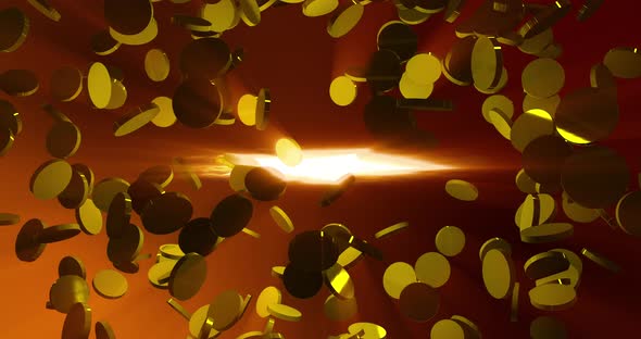 shiny gold coins falling on warm colors background. 3D render alt