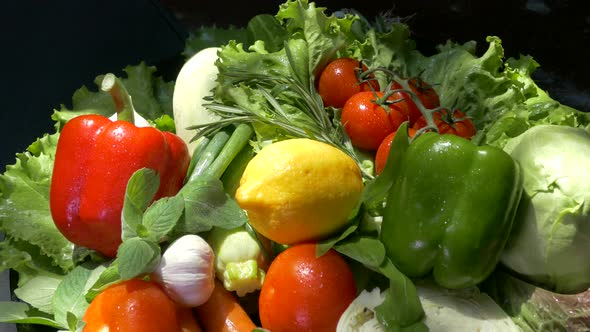 Vegetables on a Tray Close-up. Vegetables on the Kitchen Counter. Tomato Cucumber Zucchini Onion