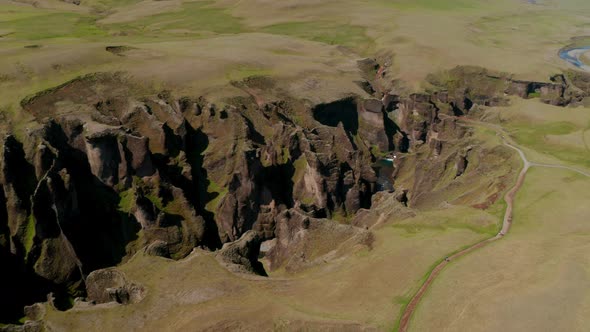 Top Down View Panorama of Fjadrargljufur Canyon a 100 Meters Deep Gorge in South Iceland alt