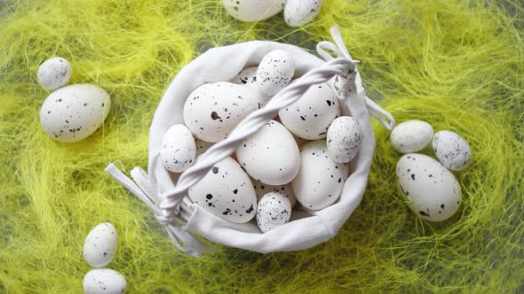 Easter White Dotted Eggs in the Nest and Spring Yellow Grass alt