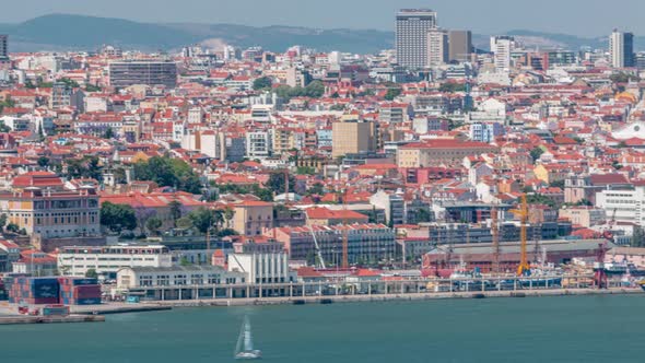 Panorama of Lisbon Historical Centre Aerial Timelapse Viewed From Above the Southern Margin of the alt