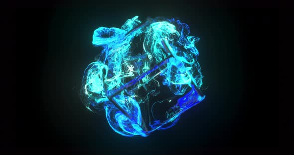 Abstract cube and blue particle flow.