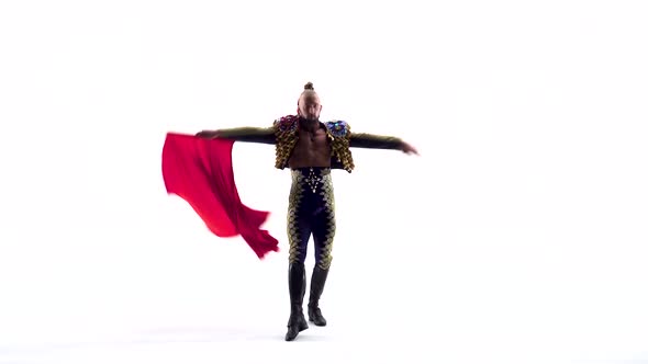 Handsome Toreador in Black Costume with Red Clothisolated Over White Studio Background alt