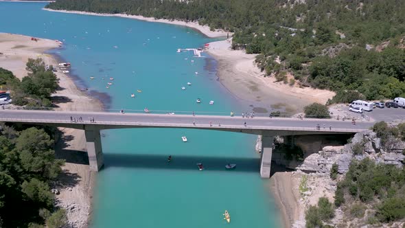 Aerial view of iconic Galetas Bridge (Pont du Galetas) at Verdon Gorge, France alt