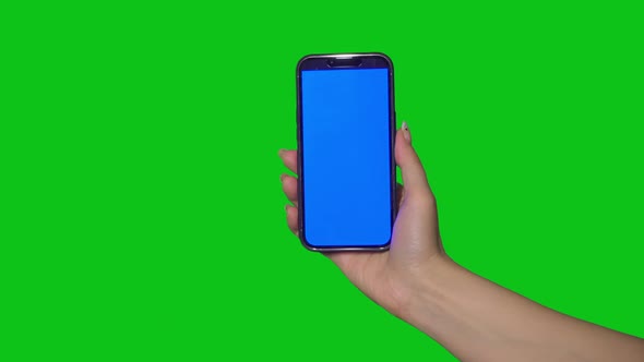 Person Woman Holding Smartphone on Green Chroma Key Background