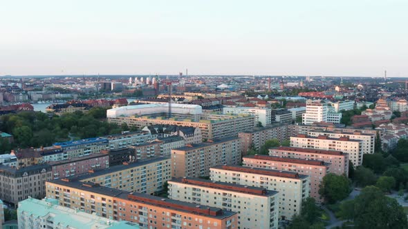 Summer evening in Södermalm, Stockholm, Sweden with City Hall in the background alt