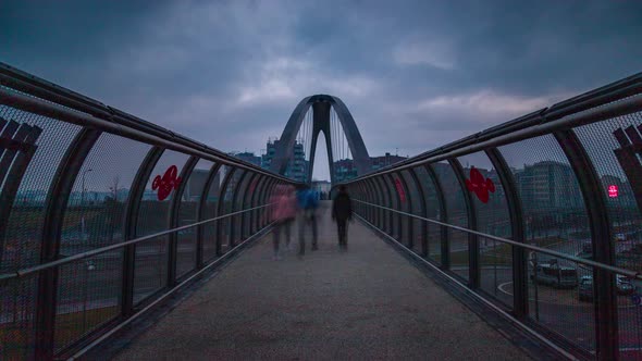 People walking on modern bridge, Milan, Italy, timelapse, 4k alt