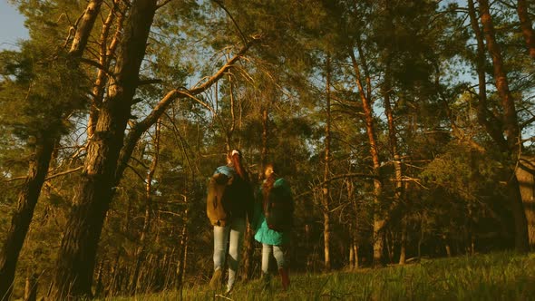 Free Traveling Girls with Backpacks Go on the Road Enjoying Nature. Relationship of Children alt