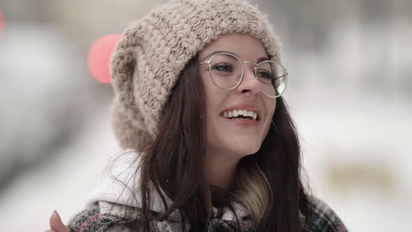 Portrait of Positive Young Woman Outdoors at Winter Day Smiling and Laughing Face of Student or High alt