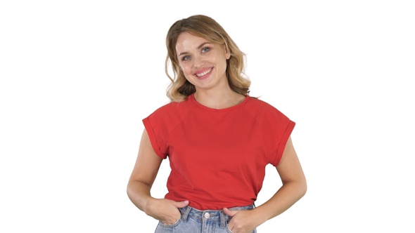 Walking woman in jeans and t-shirt on white background alt