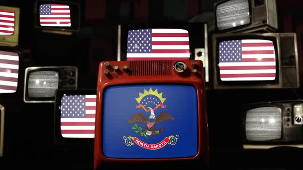 Flag of North Dakota and US Flags on Retro TVs. alt