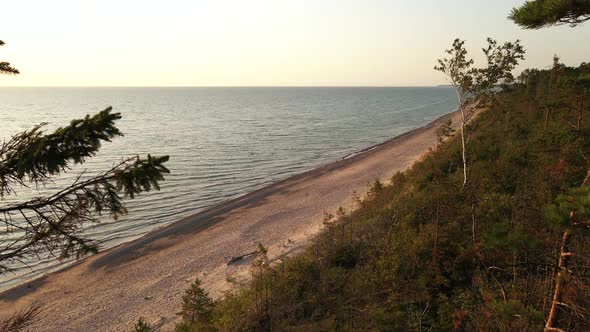 Aerial Flight Through Trees: Beautiful Sunset at Baltic Sea with Latvian Forest and Sand Precipice alt