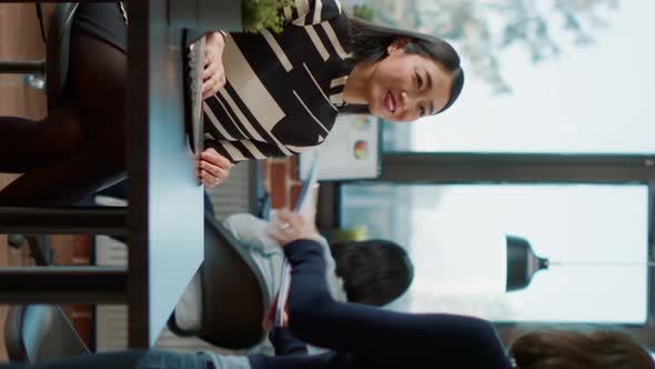 Vertical Video Candidate with Resume Attending Job Interview with HR Recruiter alt